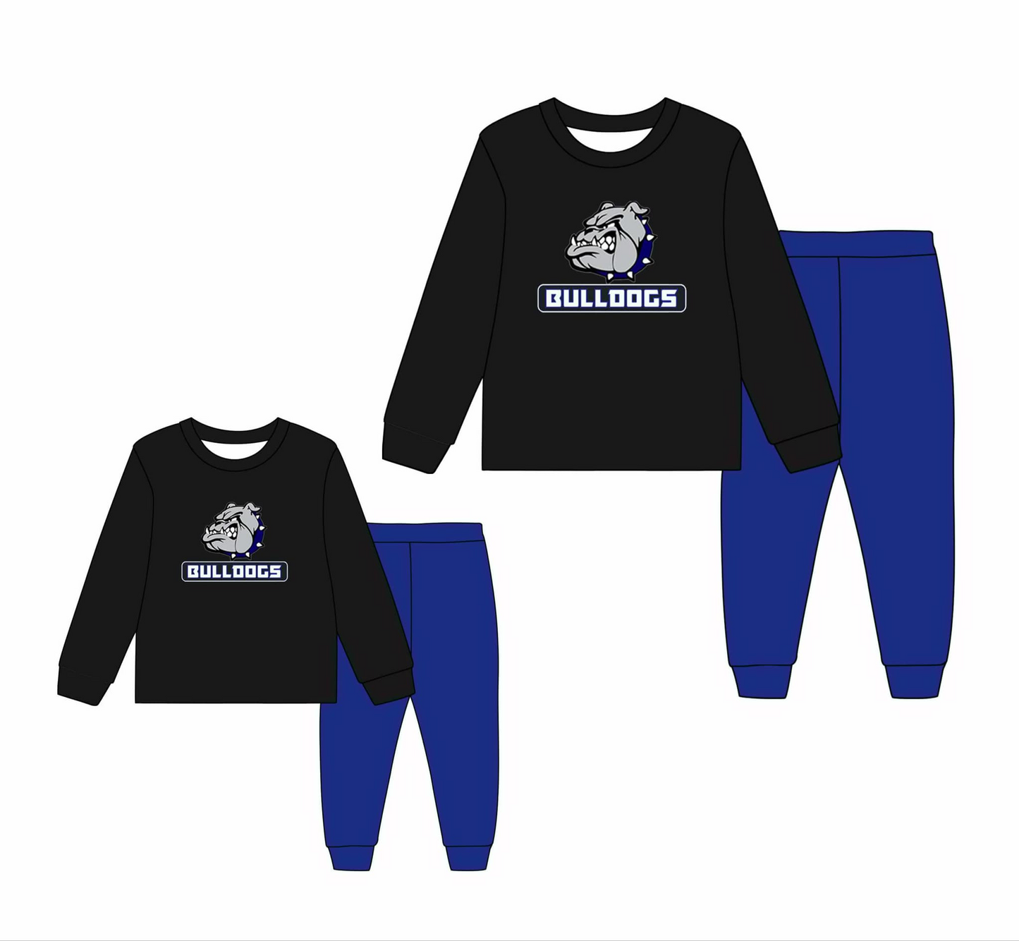 (Custom Design Preorder MOQ 5) Team's BULL DOGS Black Top Blue Pants Boys Clothes Set