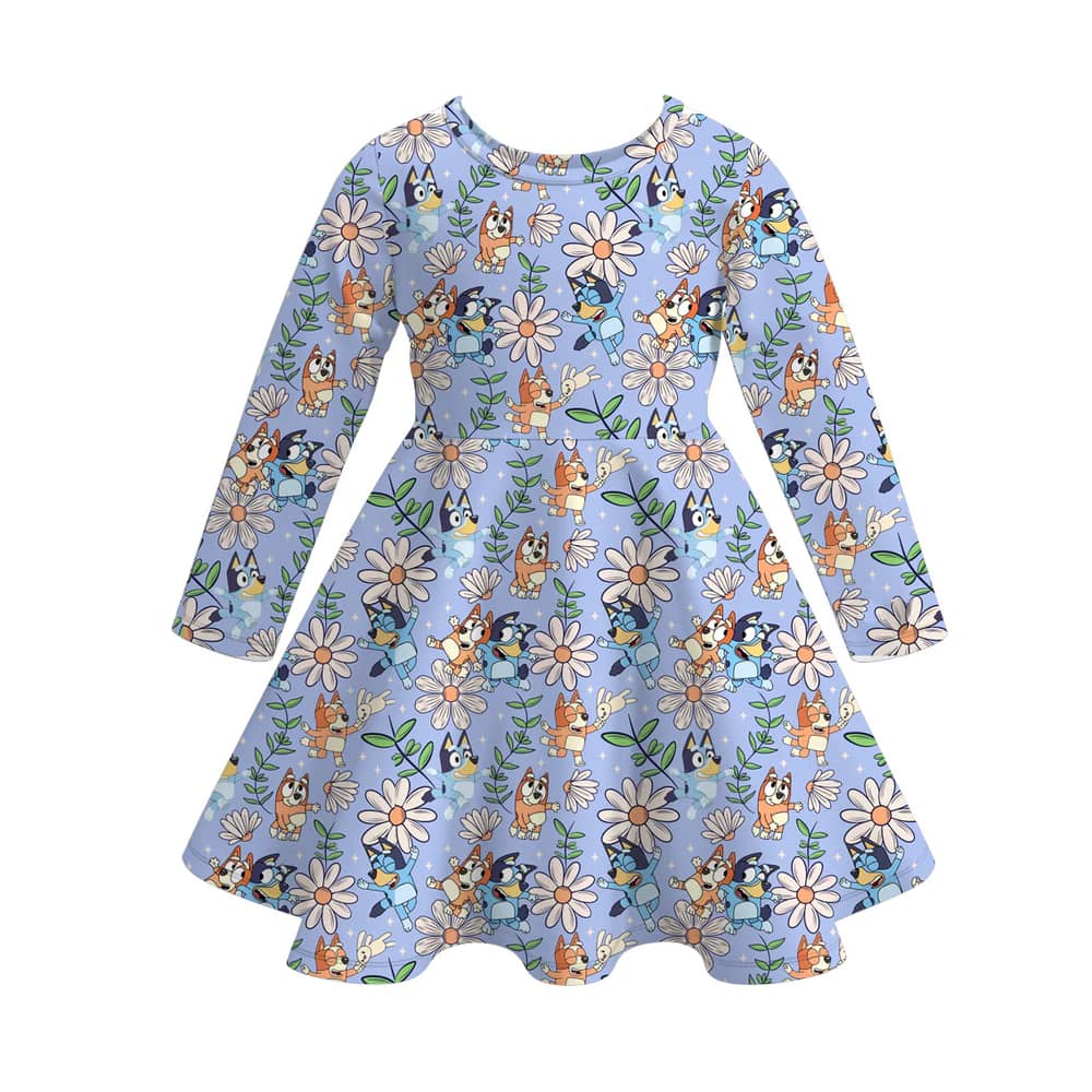 (Custom Design Preorder MOQ 5) Cartoon Dog Flowers Print Girls Knee Length Summer Dress