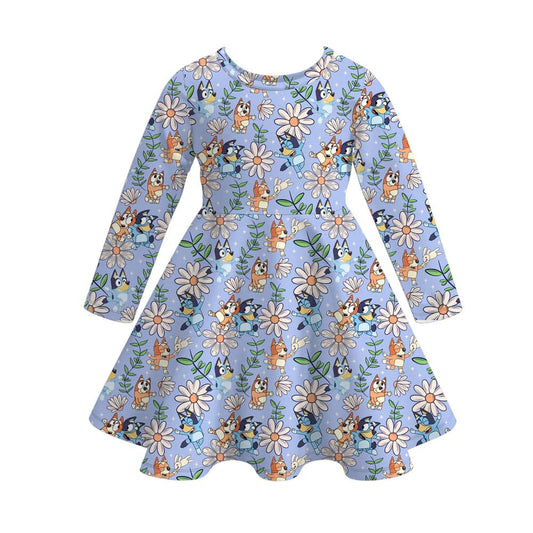 (Custom Design Preorder MOQ 5) Cartoon Dog Flowers Print Girls Knee Length Summer Dress