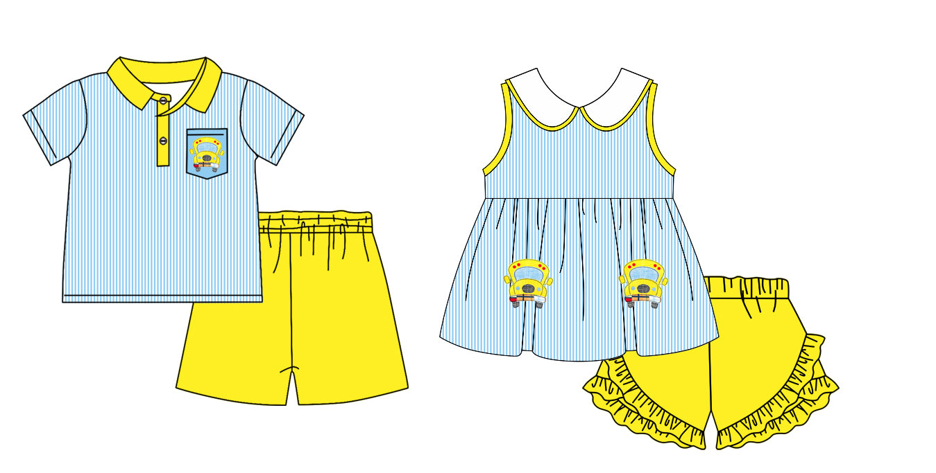 11.22(Custom Design Preorder MOQ 5 Each Design) Bus Blue Stripes Print Kids Summer Matching Clothes Sibling Back to School Wear