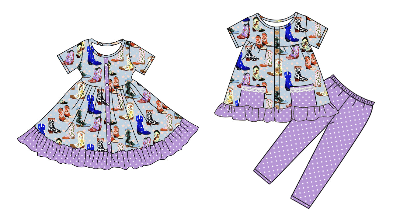 5.5(Custom Design Preorder MOQ 5 Each Design) Colorful Boots Purple Dots Print Girls Western Matching Clothes Sisters Wear