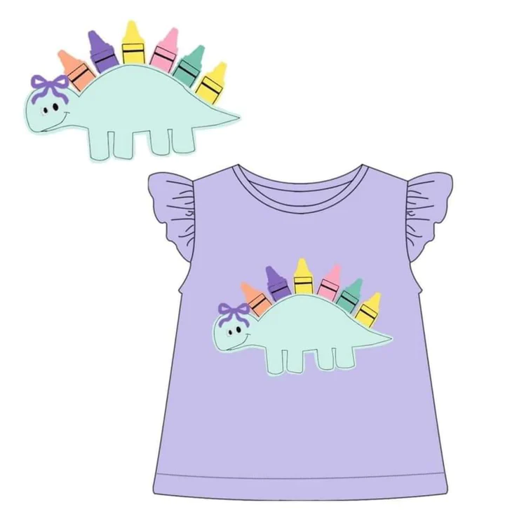 (Custom Design Preorder MOQ 5) Purple Dino Pen Print Girls Back to School Tee Shirts Top