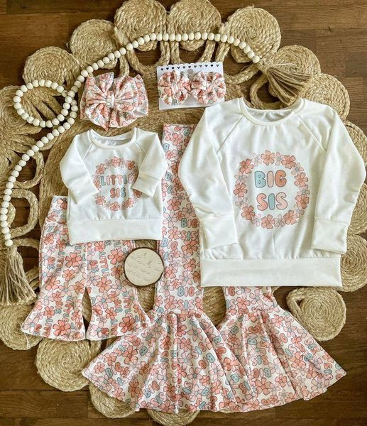 (Custom Design Preorder MOQ 5) Big Sister Flowers Print Girls Clothes Set