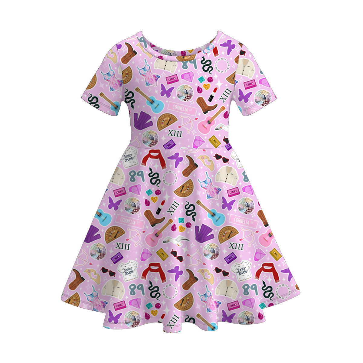 (Custom Design Preorder MOQ 5)  Singer Swiftie Guitar Print Girls Knee Length Summer Dress