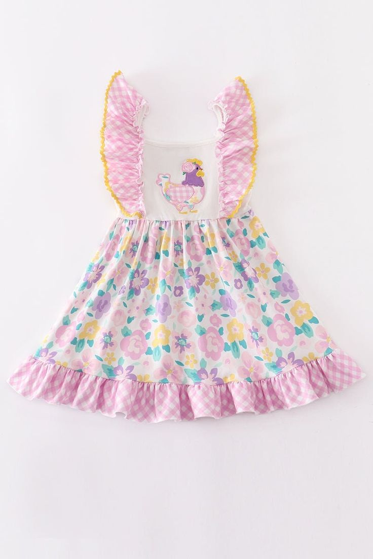 (Custom Design Preorder MOQ 5)  Chicken Flowers Print Girls Knee Length Summer Dress