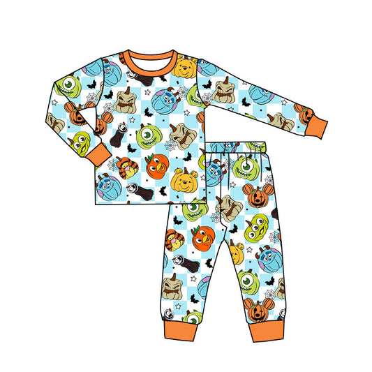 (Custom Design Preorder MOQ 5) Cartoon Figure Pumpkin Print Boys Bamboo Halloween Pajamas Clothes Set