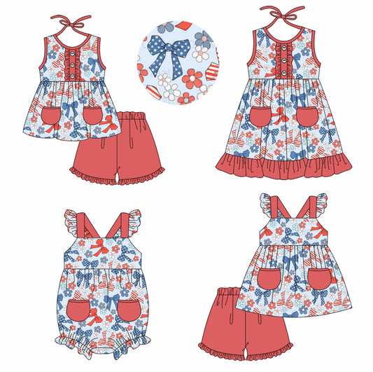 11.22(Custom Design Preorder MOQ 5 Each Design) Stars Flowers Bows Print Girls 4th of July Matching Clothes Sisters Wear