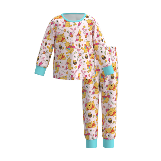 (Custom Design Preorder MOQ 5) Cartoon Bear Pink Print Girls Pajamas Clothes Set