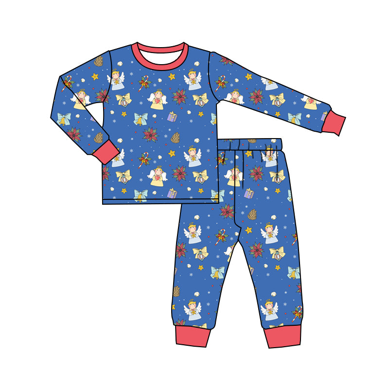 (Custom Design Preorder MOQ 5)  Angel Holly Candy Cane Print Boys Christmas Bamboo Pajamas Clothes Set