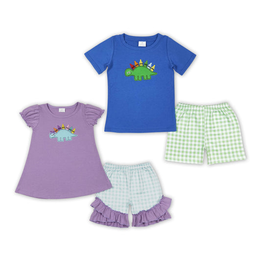 Dino Pen Embroidery Top Plaid Shorts Sibling Back to School Matching Clothes
