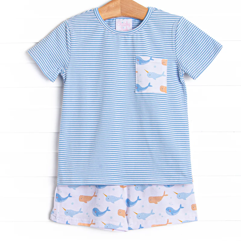 (Custom Design Preorder MOQ 5) Pocket Top Whale Shorts Boys Summer Clothes Set