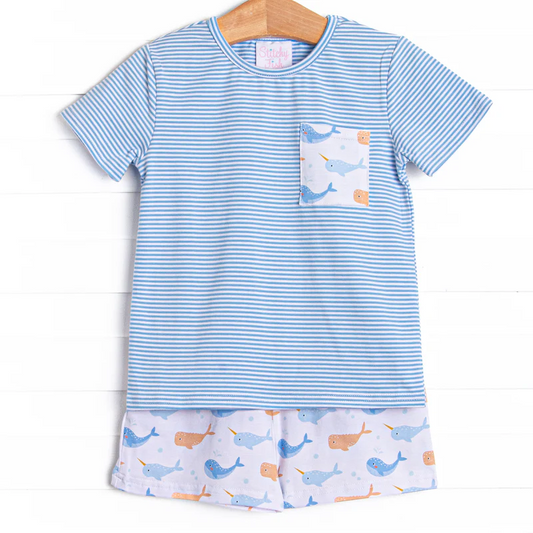 (Custom Design Preorder MOQ 5) Pocket Top Whale Shorts Boys Summer Clothes Set