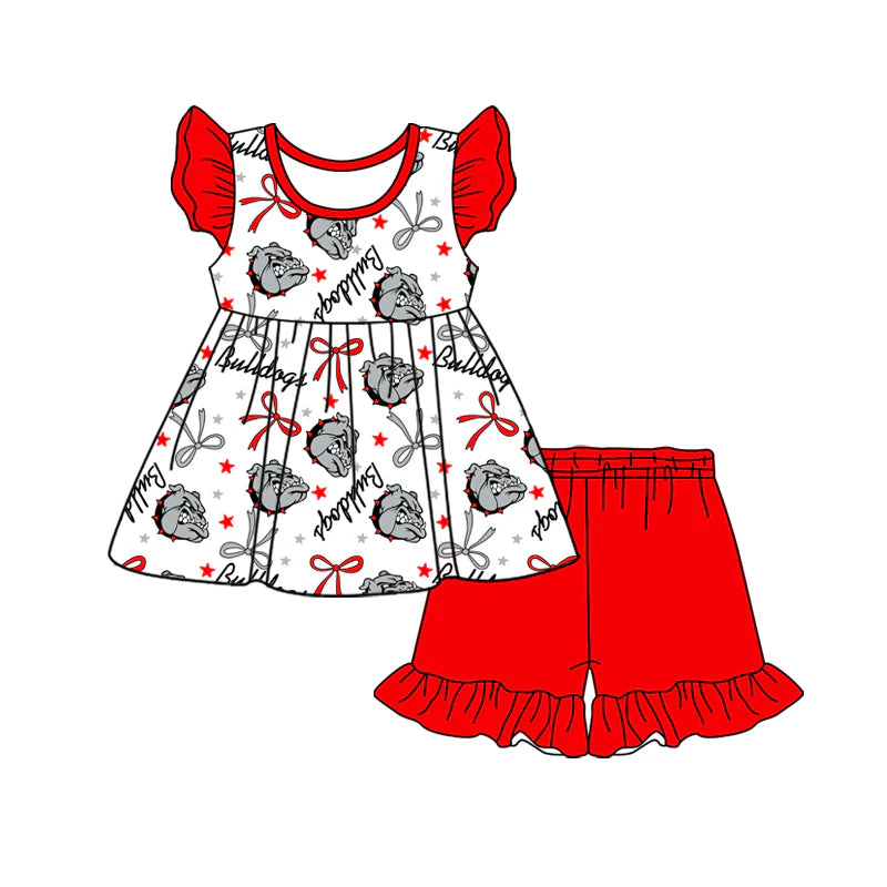 (Custom Design Preorder MOQ 5) Team's Bulldogs Top Red Shorts Girls Summer Clothes Set