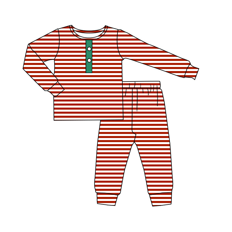 (Custom Design Preorder MOQ 5) Red Stripes Print Boys Christmas Pajamas Clothes Set