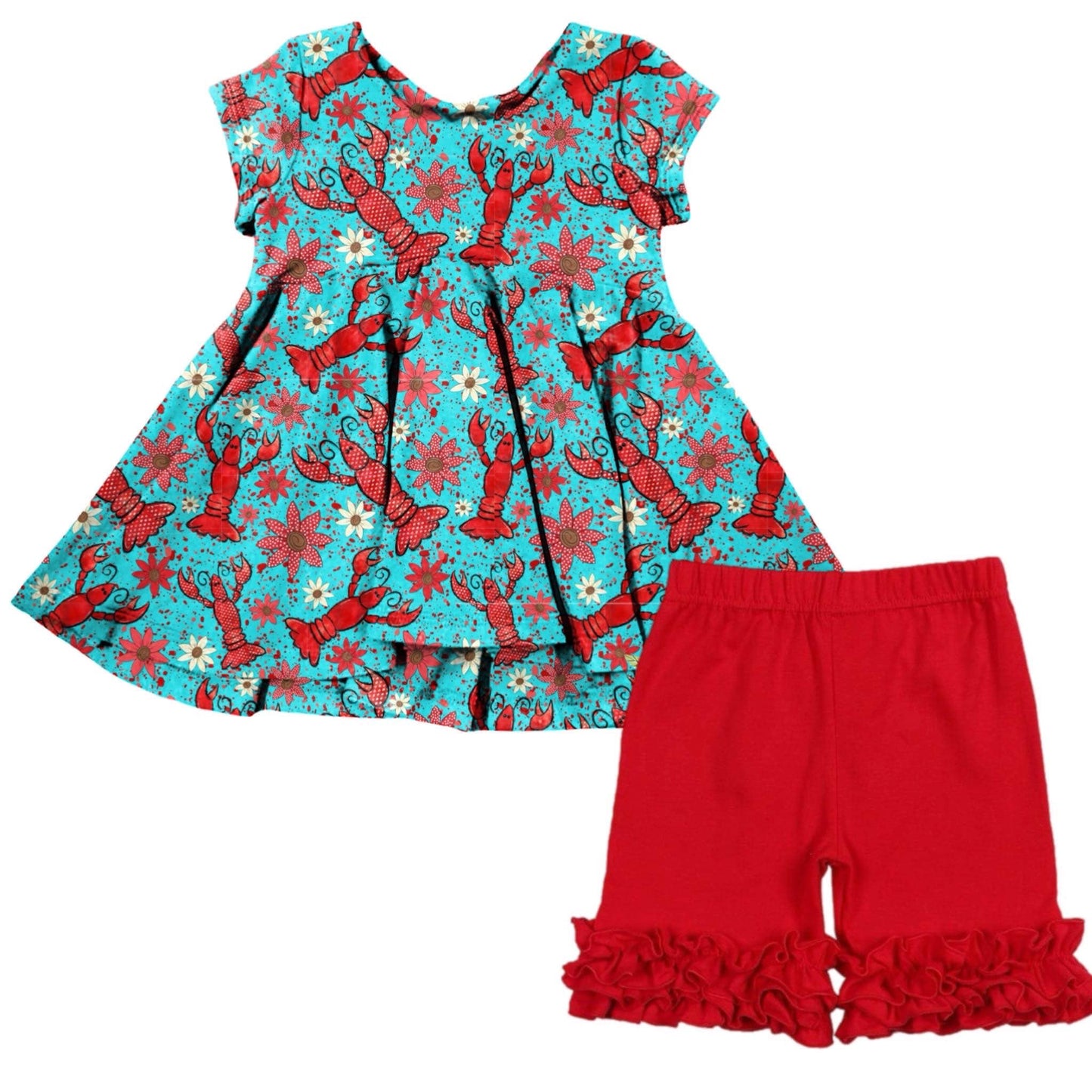 (Custom Design Preorder MOQ 5)  Crayfish Flowers Tunic Top Red Shorts Girls Summer Clothes Set