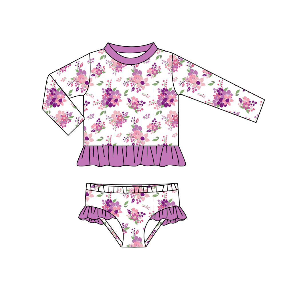 (Custom Design Preorder MOQ 5) Purple Flowers Print Girls 2 Pieces Long Sleeve Swimsuits