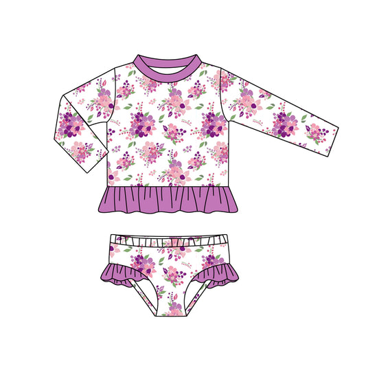 (Custom Design Preorder MOQ 5) Purple Flowers Print Girls 2 Pieces Long Sleeve Swimsuits