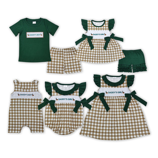 Daddy's Boy & Girl Duck Embroidery Plaid Print Sibling Summer Matching Clothes