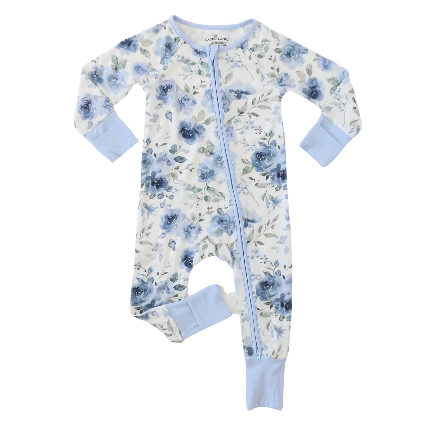 (Custom Design Preorder MOQ 5)  Blue Flowers Print Baby Girls Bamboo Fall Sleeper Zipper Romper