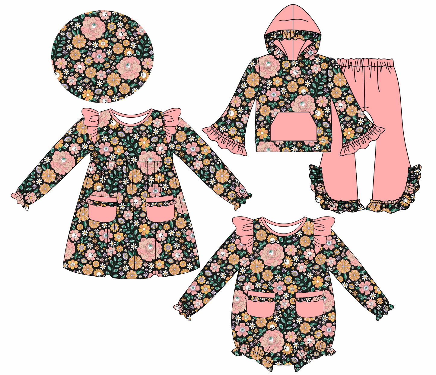 7.22(Custom Design Preorder MOQ 5 Each Design) Pink Flowers Print Girls Fall Matching Clothes Sisters Wear