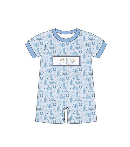 (Custom Design Preorder MOQ 5) Cowboy Hat Boots Blue Print Baby Boys Summer Romper