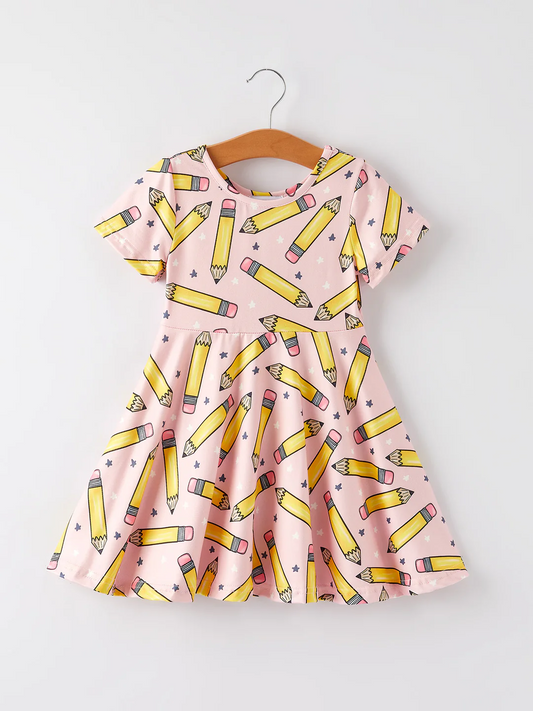 (Custom Design Preorder MOQ 5) Pen Stars Print Girls Back to School Knee Length Dress
