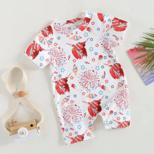 (Custom Design Preorder MOQ 5) Highland Cow Fireworks Stars Print Baby 4th of July Romper