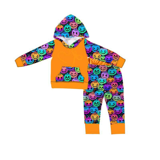 (Custom Design Preorder MOQ 5) Colorful Pumpkin Hoodie Top Pants Kids Halloween Clothes Set