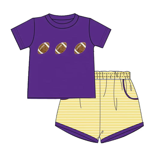 (Custom Design Preorder MOQ 5) Football Purple Top Stripes Shorts Boys Summer Clothes Set