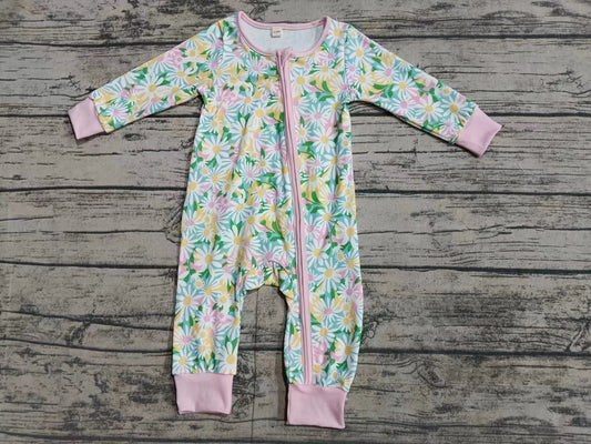 (Custom Design Preorder MOQ 5) Flowers Print Baby Girls Spring Bamboo Sleeper Zipper Romper