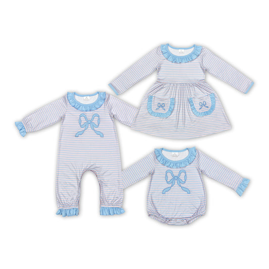 Blue Bow Embroidery Stripes Print Sisters Matching Clothes