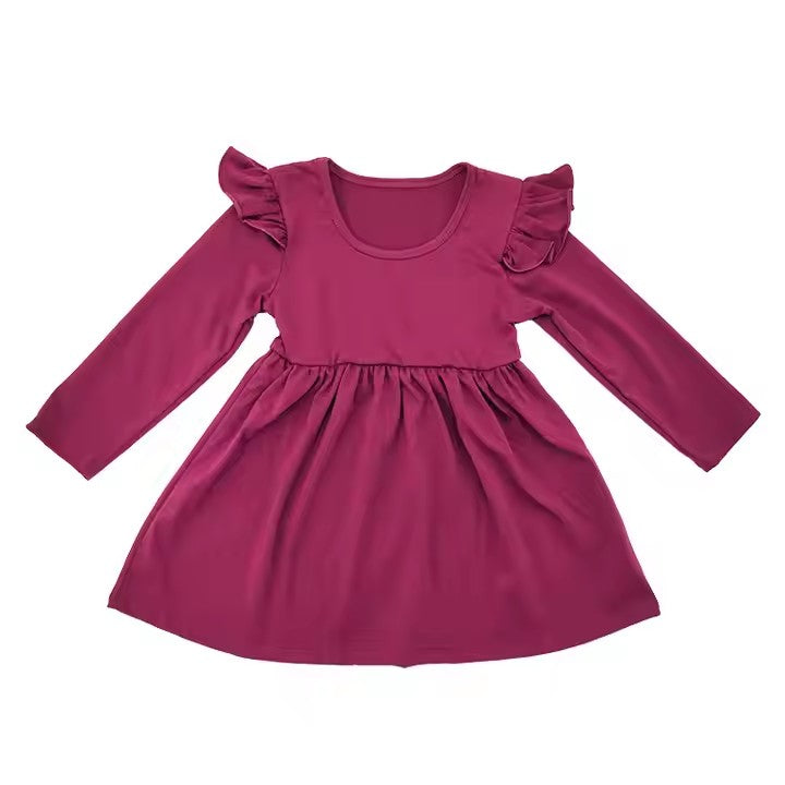 (Custom Design Preorder MOQ 5) Wine Color Girls Long Sleeve Knee Length Dress