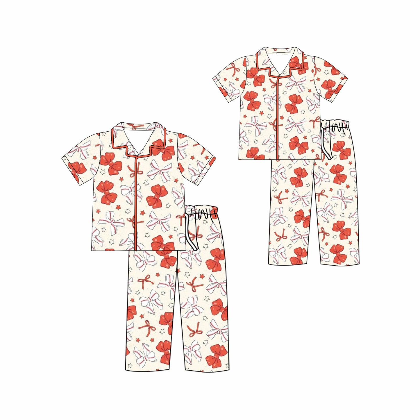 (Custom Design Preorder MOQ 5 Each Design) Baseball Red Bows Print Buttons Pajamas Sets Mom and Me Matching Clothes