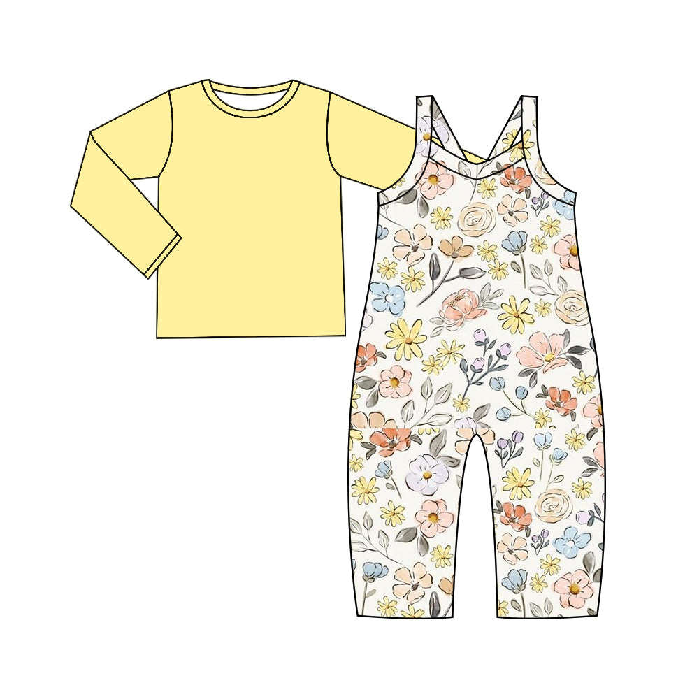 (Custom Design Preorder MOQ 5) Yellow Top Flowers Jumpsuit Girls Fall Clothes Set