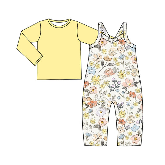 (Custom Design Preorder MOQ 5) Yellow Top Flowers Jumpsuit Girls Fall Clothes Set