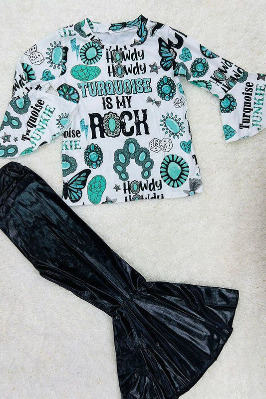 (Custom Design Preorder MOQ 5) TURQUOISE ROCH HOWDY Top Black Velvet Bell Pants Girls Western Clothes Set