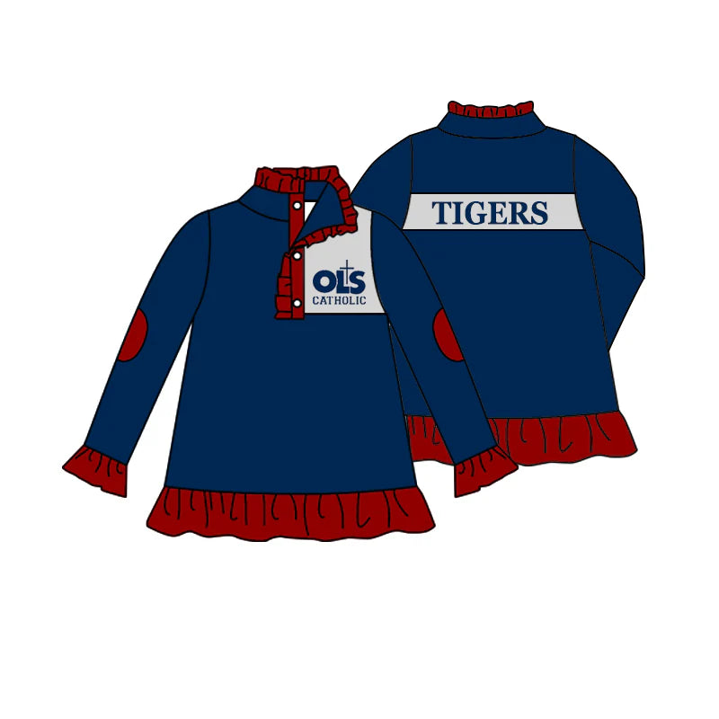 (Custom Design Preorder MOQ 5) Team's Tigers Print Girls Long Sleeve Pullover Buttons Tops