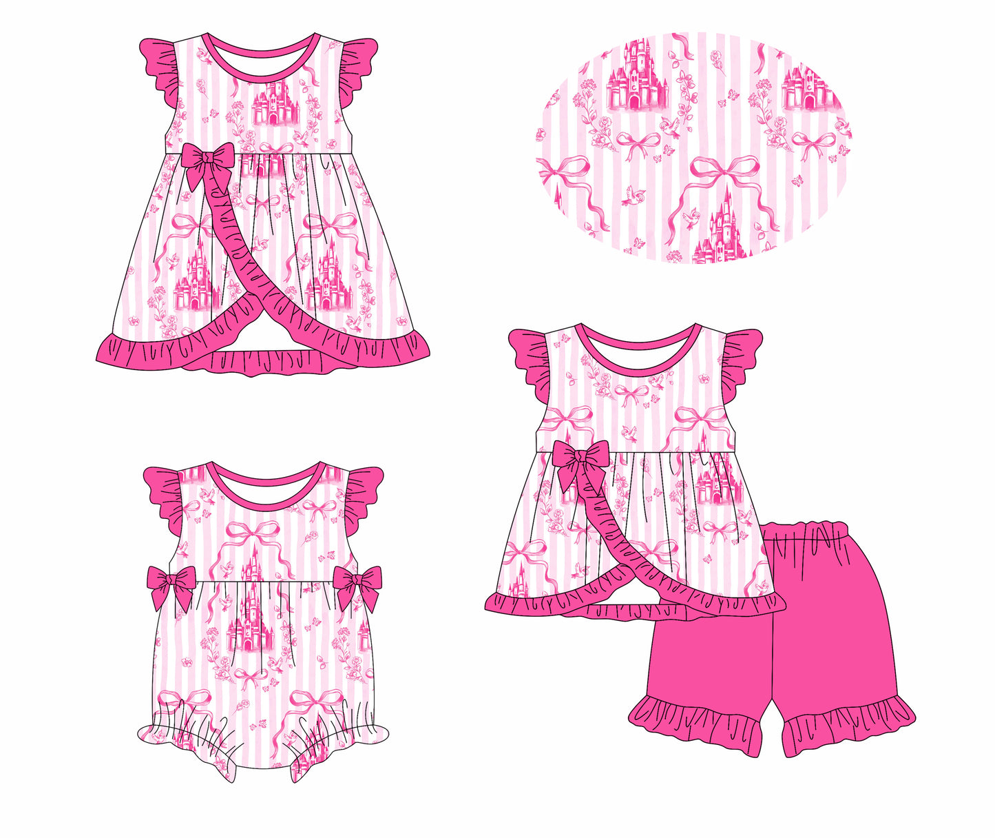 3.8(Custom Design Preorder MOQ 5 Each Design) Hot Pink Bows Castle Print Girls Summer Matching Clothes Sisters Wear