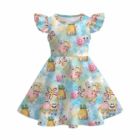 (Custom Design Preorder MOQ 5) Cartoon Sponge Print Girls Summer Knee Length Dress