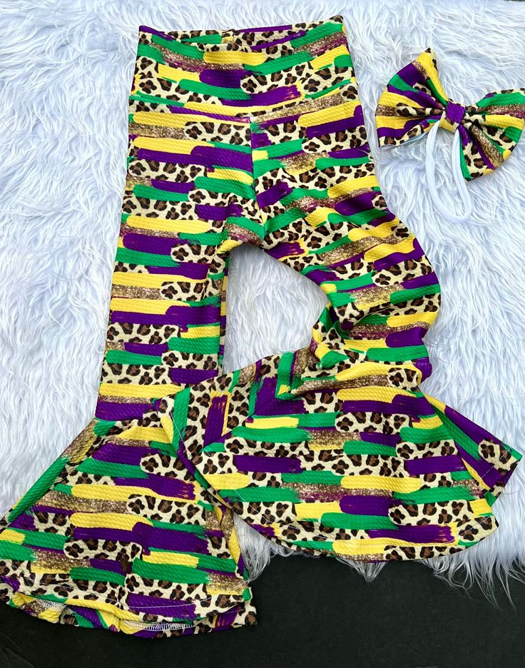 (Custom Design Preorder MOQ 5) Leopard Stripes Print Girls Mardi Gras Bell Pants