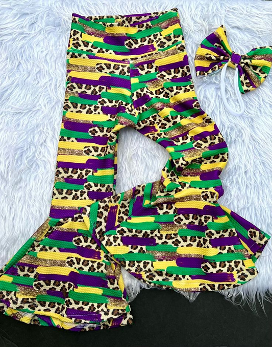 (Custom Design Preorder MOQ 5) Leopard Stripes Print Girls Mardi Gras Bell Pants