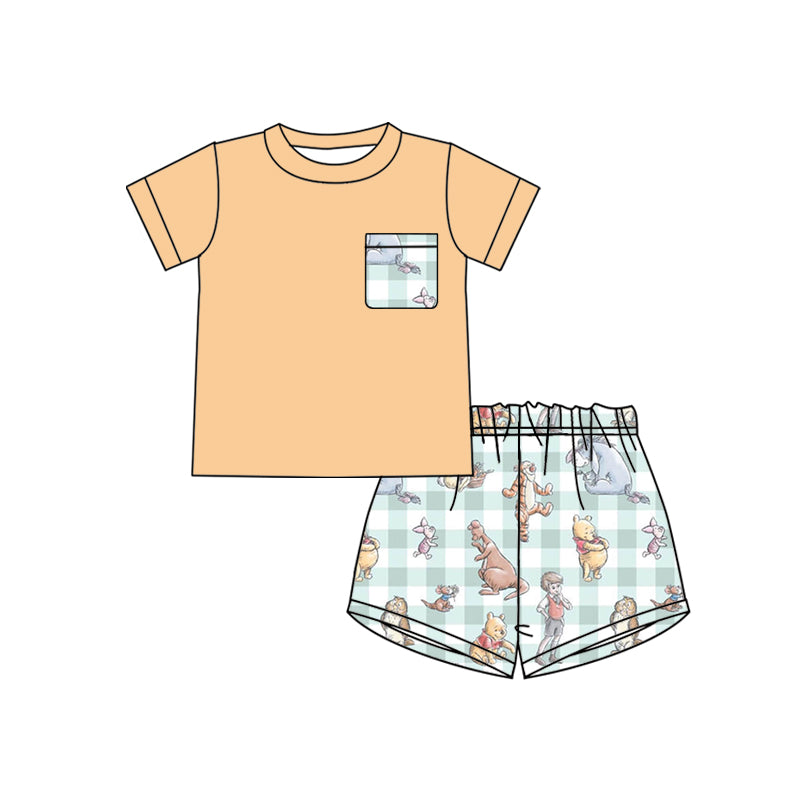 (Custom Design Preorder MOQ 5) Yellow Pocket Top Cartoon Animals Shorts Boys Summer Pajamas Clothes Set