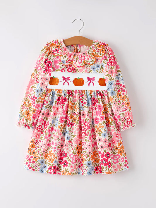 (Custom Design Preorder MOQ 5) Pumpkin Flowers Print Girls Fall Knee Length Dress