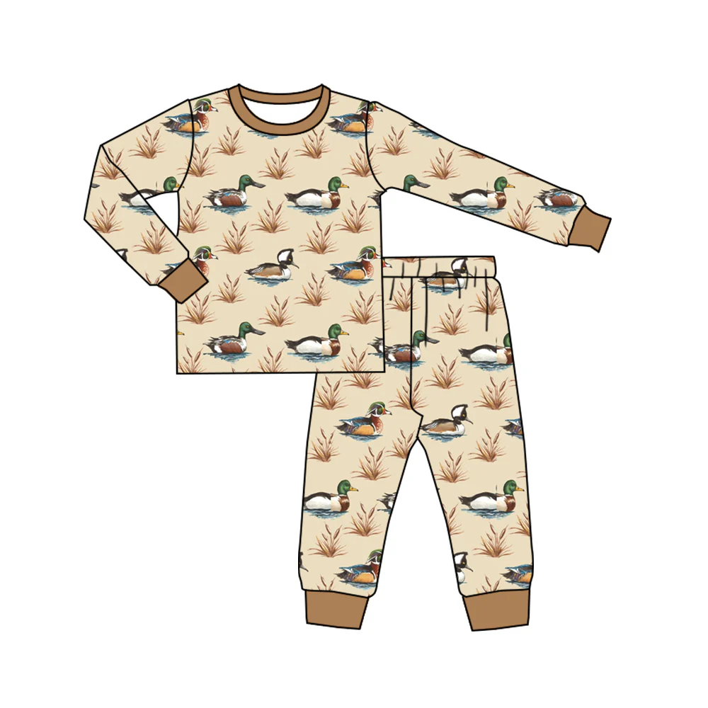 (Custom Design Preorder MOQ 5) Brown Duck Print Boys Fall Pajamas Clothes Set