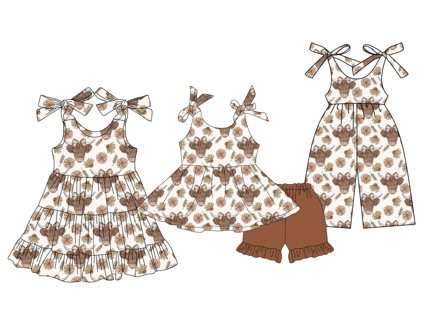 3.29(Custom Design Preorder MOQ 5 Each Design) Highland Cow Flowers Print Girls Summer Matching Clothes Sisters Wear