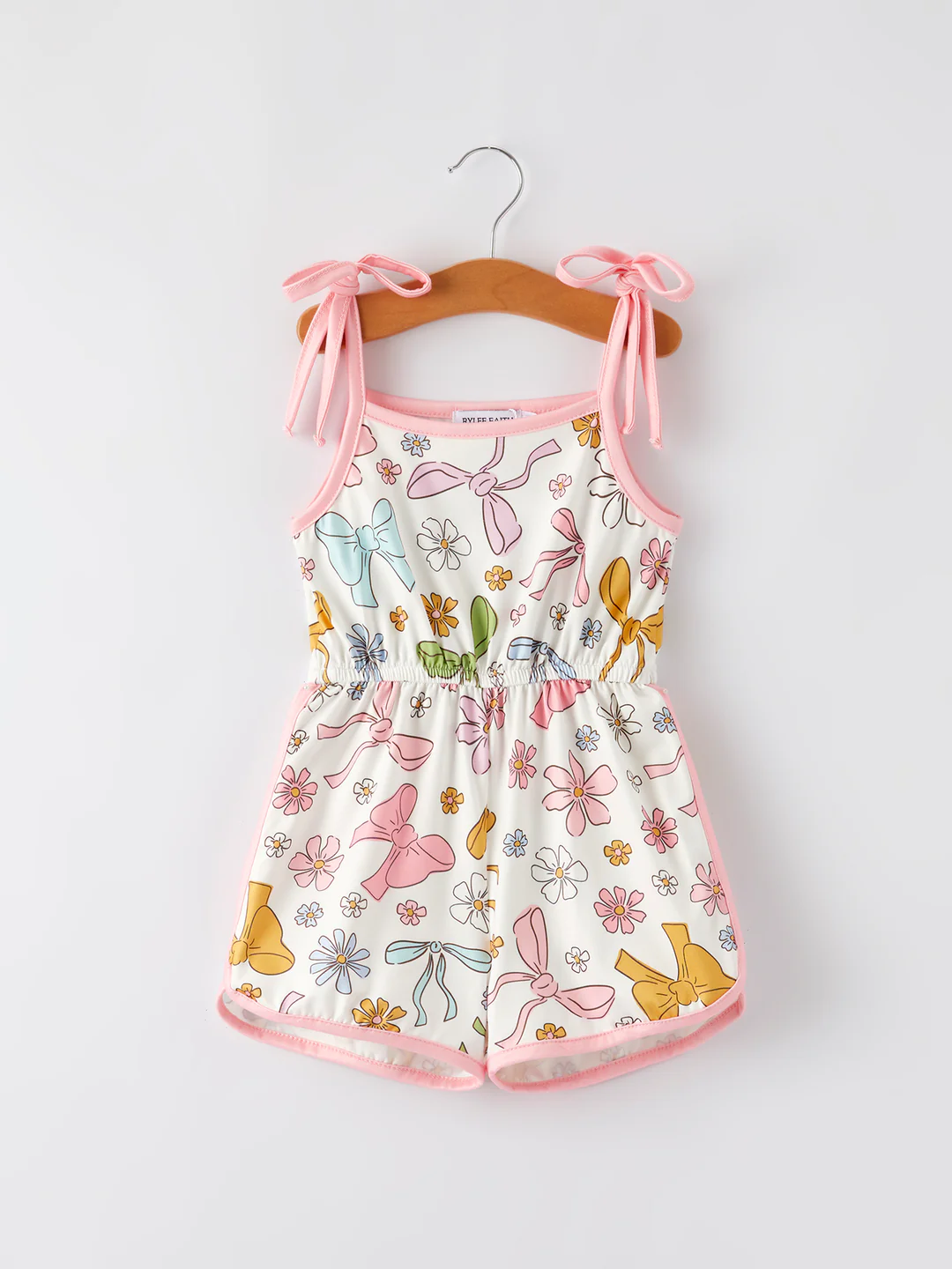 (Custom Design Preorder MOQ 5) Colorful Bows Flowers Print Girls Summer Strap Jumpsuits