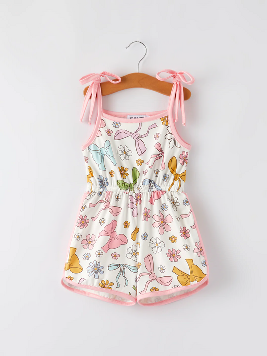 (Custom Design Preorder MOQ 5) Colorful Bows Flowers Print Girls Summer Strap Jumpsuits