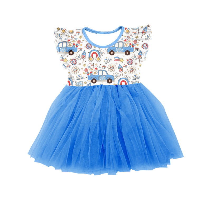 2.7(Custom Design Preorder MOQ 5) Flowers Truck Print Girls 4th of July Knee Length Tulle Dress