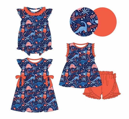 1.4(Custom Design Preorder MOQ 5 Each Design) Dino Flowers Print Girls Summer Matching Clothes Sisters Wear
