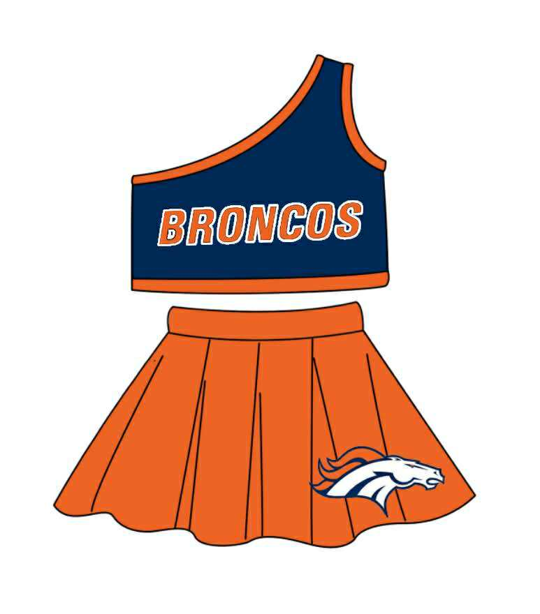 (Custom Design Preorder MOQ 5 ) Team's BRONCOS Print One Shoulder Sleeve Top Skirts Shorts Girls Summer Clothes Set